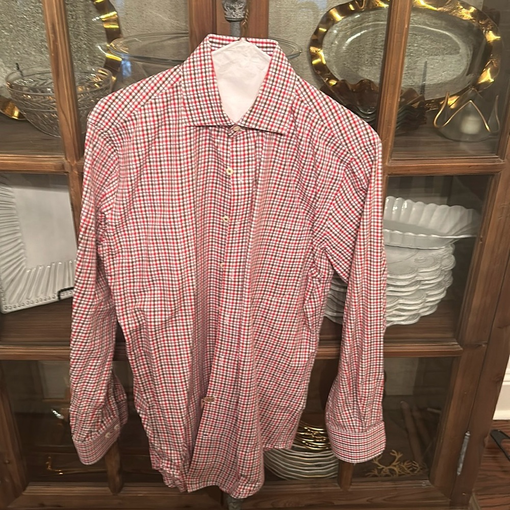 Peter Millar medium men’s button down shirt: red, brown check
